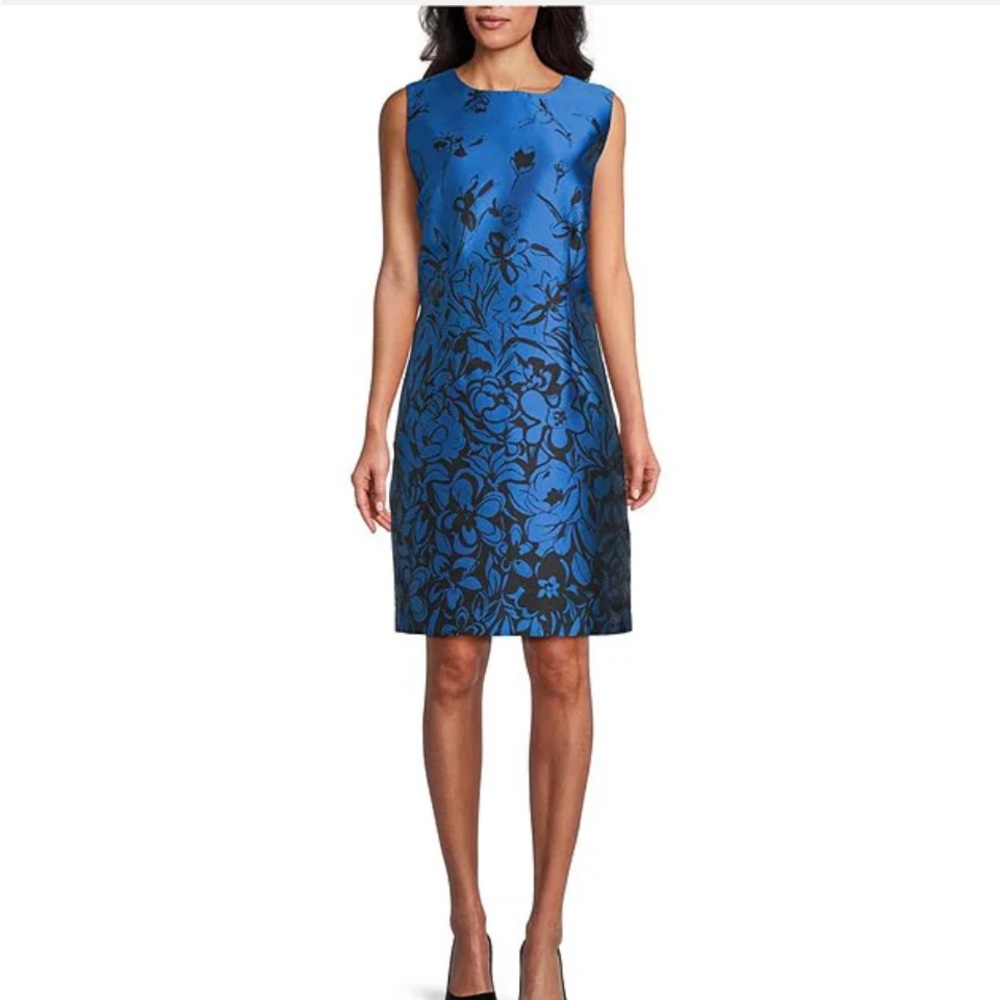 Caroline Rose Floral Fling Print Jacquard Round Neck Sleeveless Sheath Dress